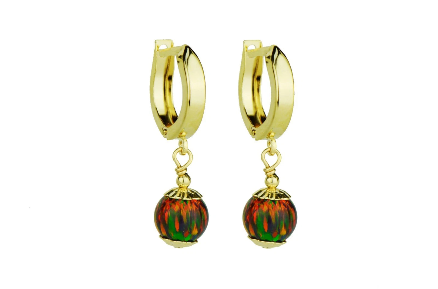 14k Yellow Gold Opal Huggie Snap Closure Dangle Earrings
