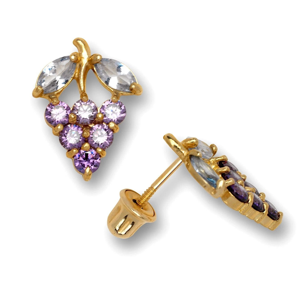 14K Yellow Gold Grape Cubic Zirconia Screw Back Stud Earrings for Women