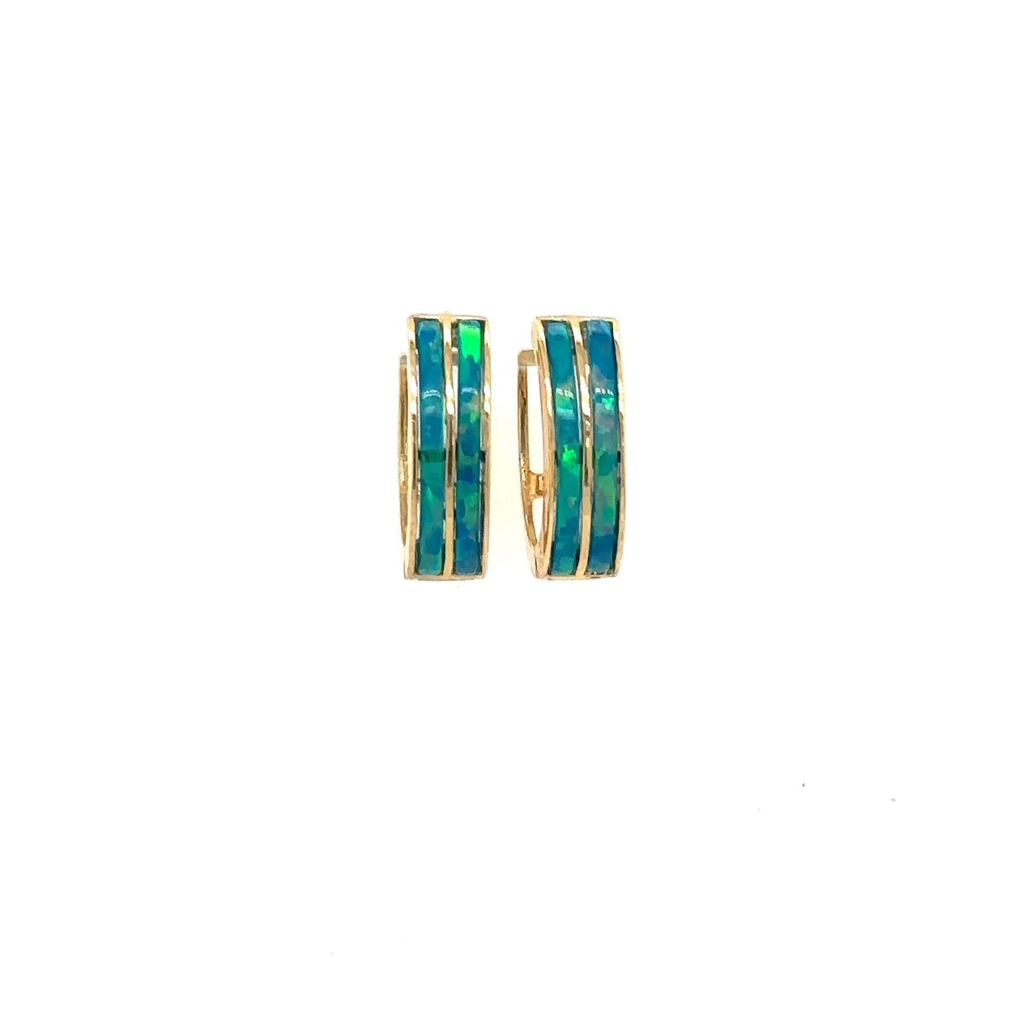 14k Yellow Gold Double Row Dark Green Opal Huggie Hoop Earrings