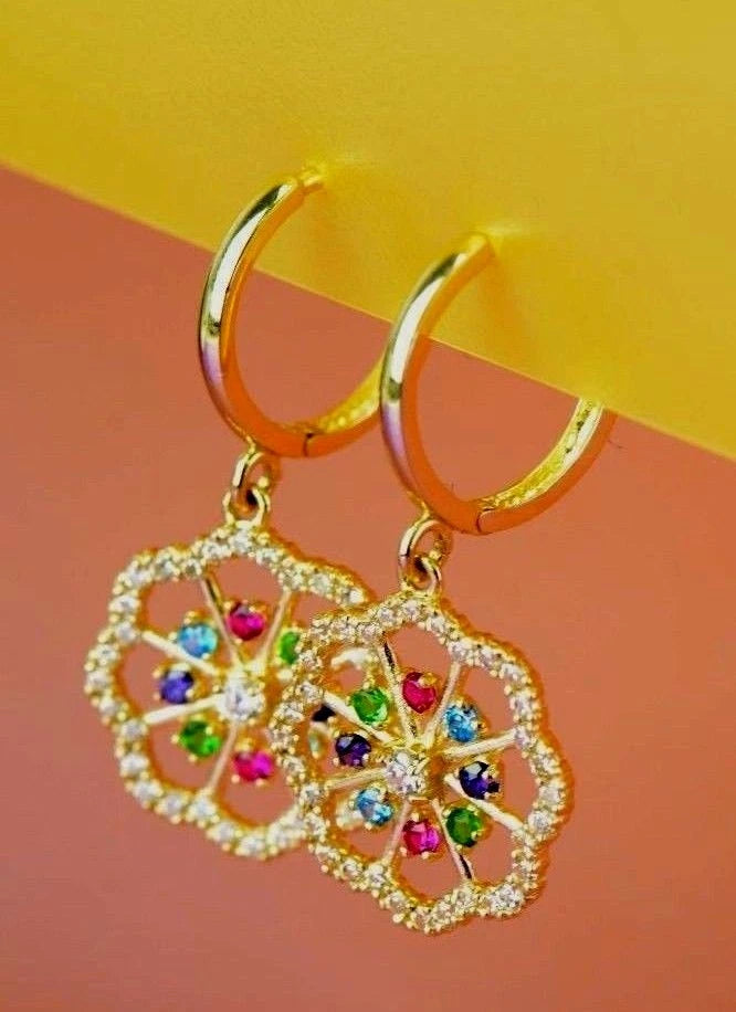 14k Yellow White Gold Dangle CZ Flower Huggie Earrings