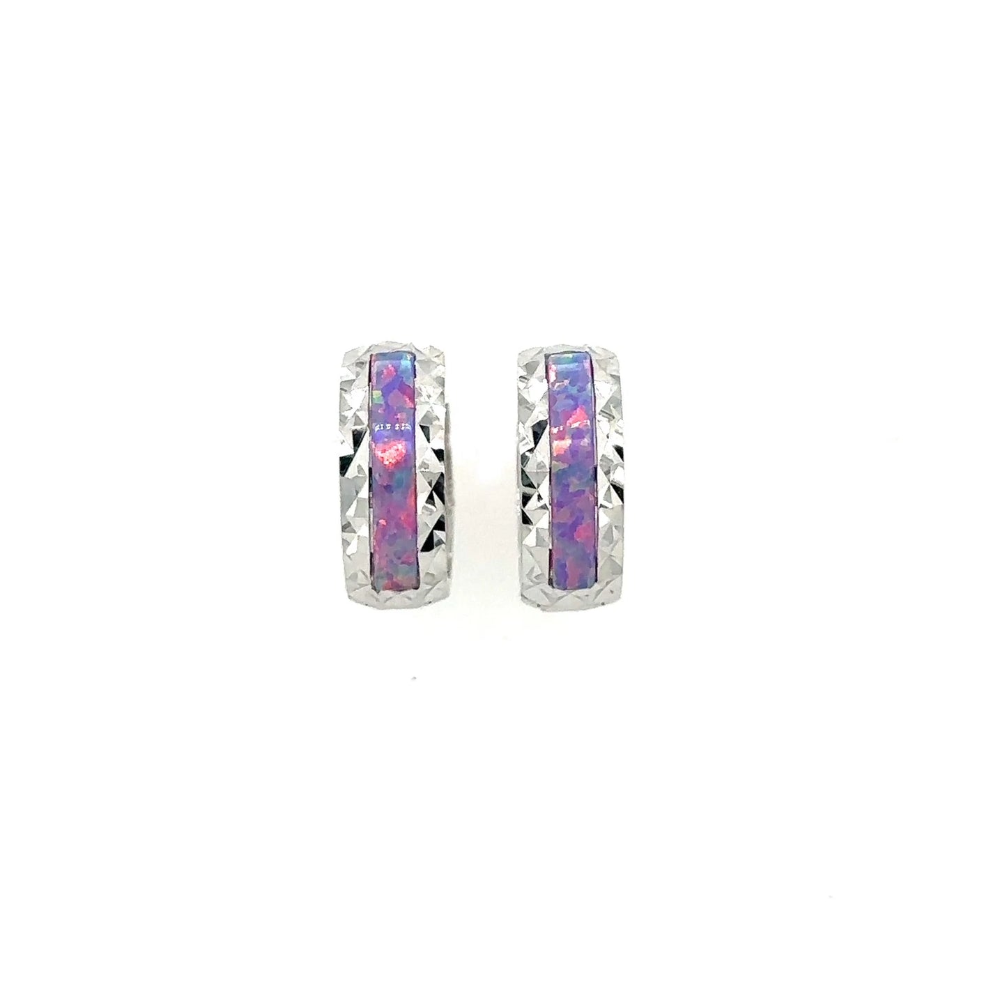 14k White Gold Purple Opal Huggie Hoop Earrings