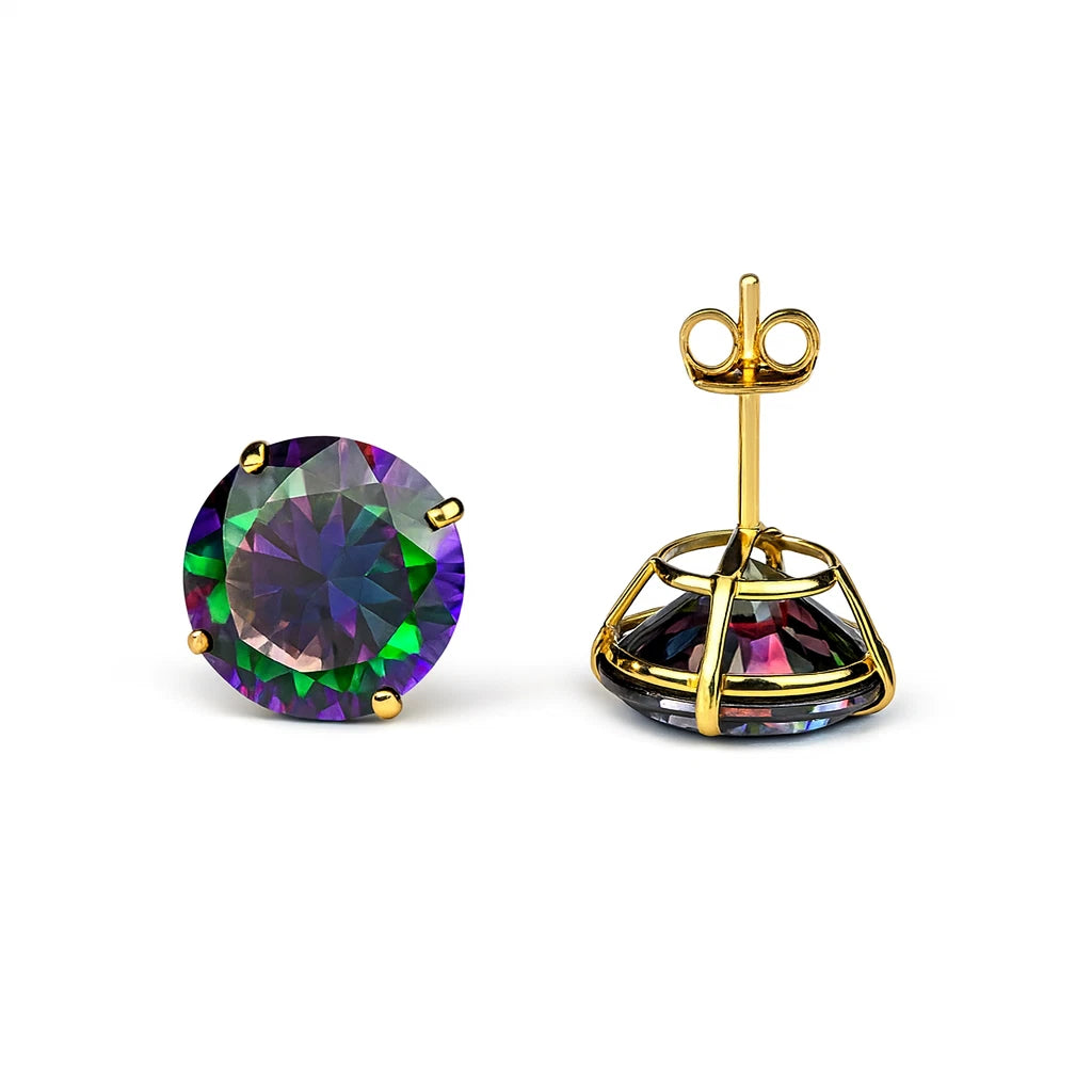 14k Yellow Gold Push Back Earrings with Mystic Topaz Round Cut CZ Stones