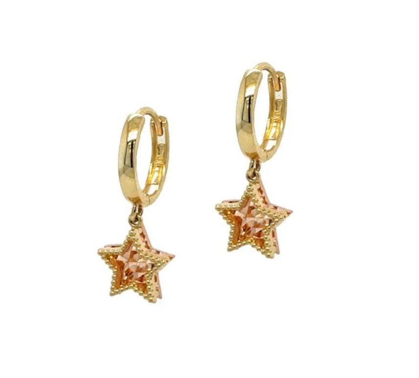 14k Yellow and Rose Gold Dangle Star Hoop Huggie Earrings