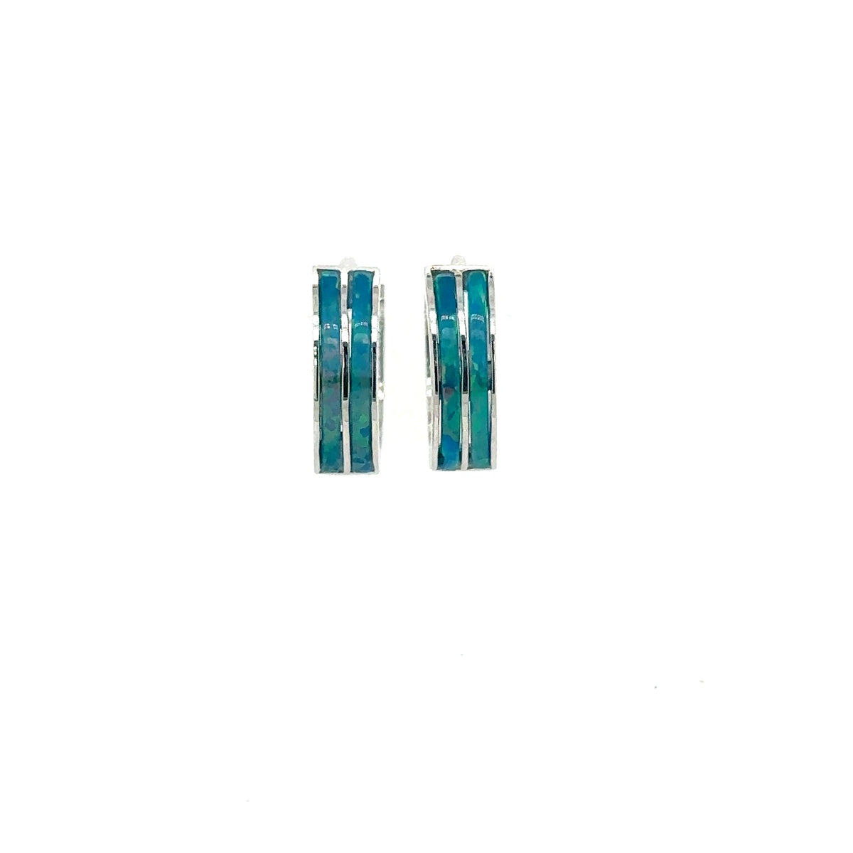 14k White Gold Double Row Dark Green Opal Huggie Hoop Earrings