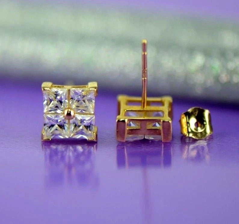 14K Yellow or White Gold Fancy Square CZ Stud Earrings For Women