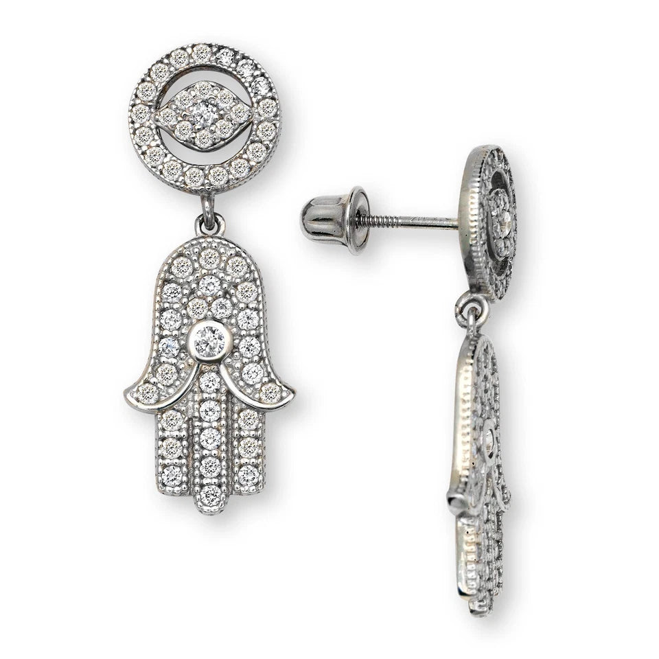 14K Yellow & White Gold Unique Hamsa Hand Dangle Earrings for Women