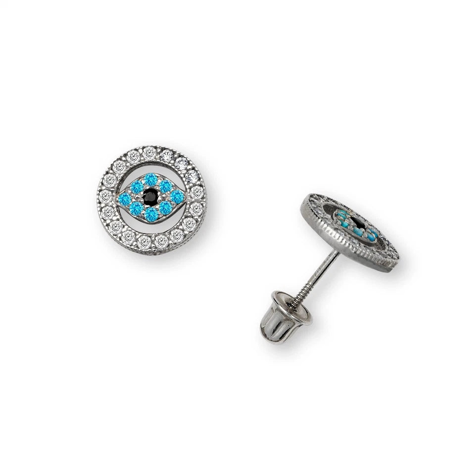 14K Yellow & White Gold Evil Eye CZ Stud Earring for Women