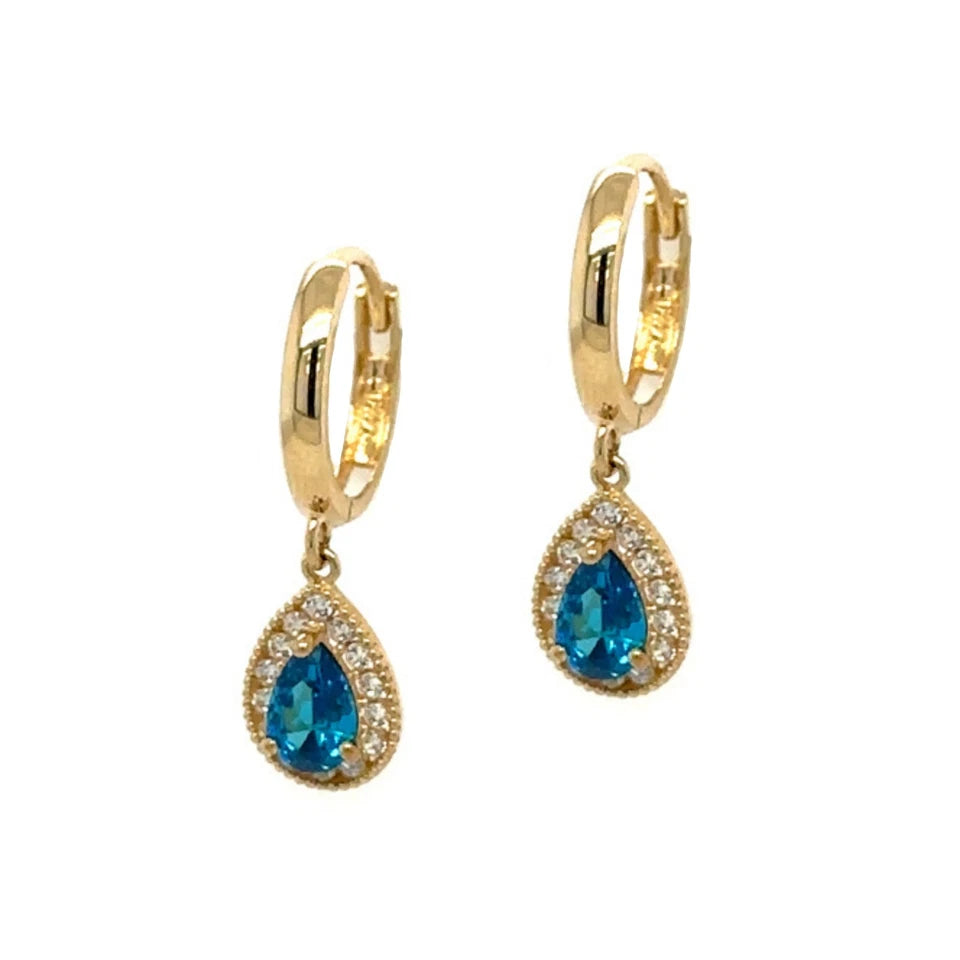 14k Yellow Gold Halo Birthstone Huggie Earrings for Women