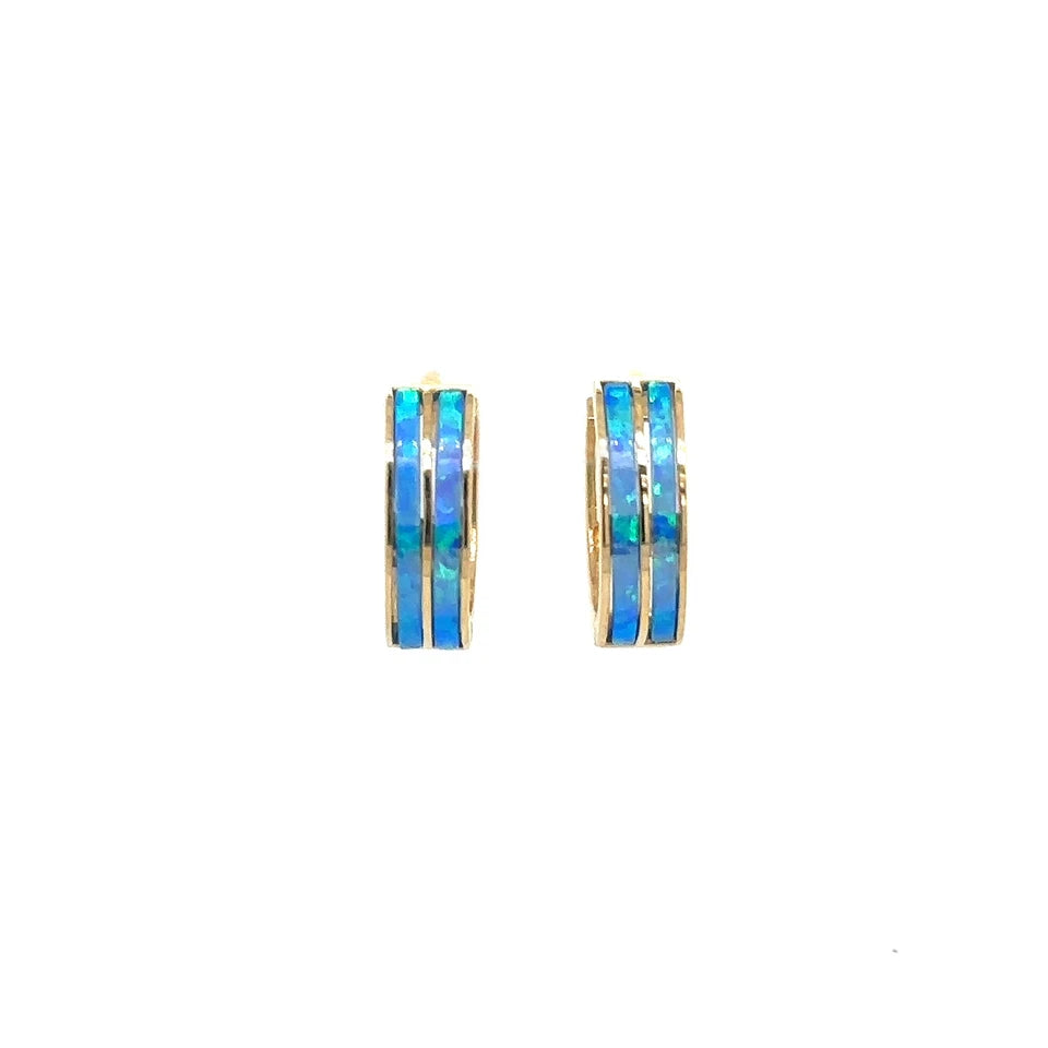 14k Yellow Gold Double Row Dark Blue Opal Huggie Hoop Earrings