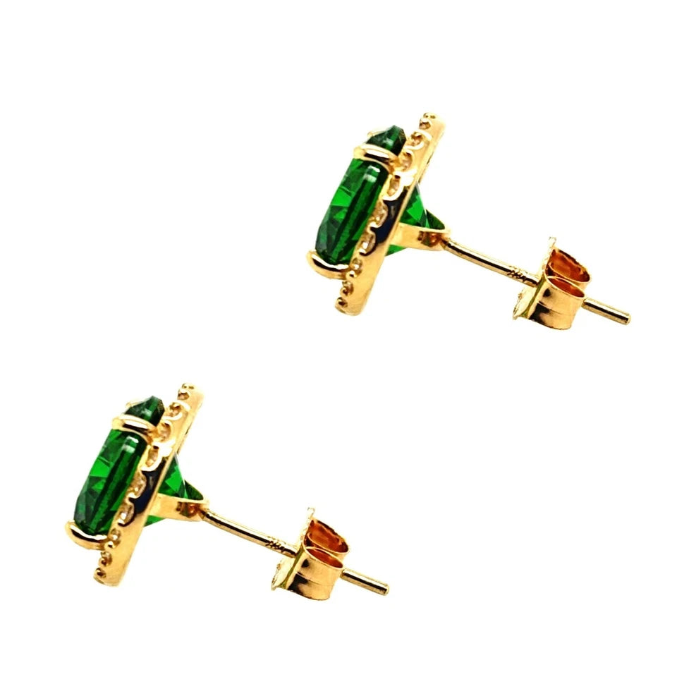 14K Solid Yellow Gold Halo Stud Push Back Emerald Earrings