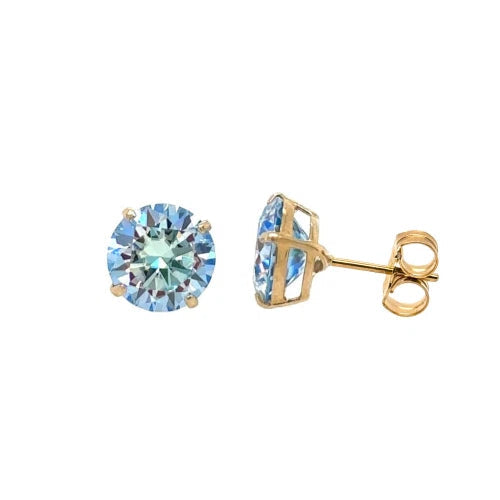 Gold earrings with blue gemstones on a white background