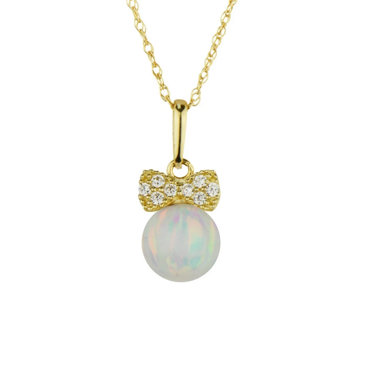 14K Yellow Gold Bow Tie Opal CZ Pendant Necklace Rope Chain
