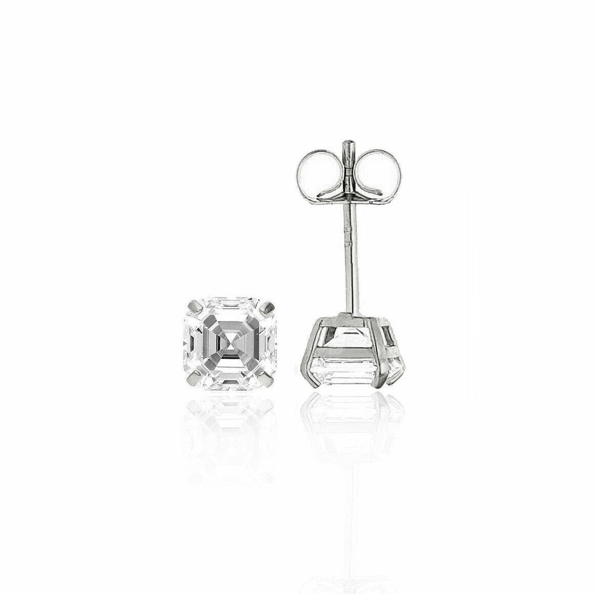 14K White Gold Asscher Cut Stud Earrings Push Back