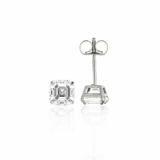 14K White Gold Asscher Cut Stud Earrings Push Back