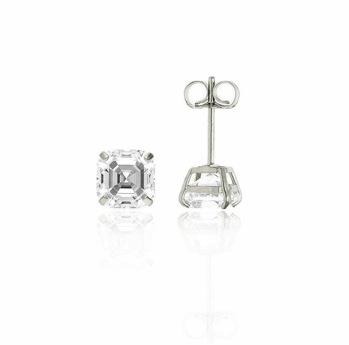 14K White Gold Asscher Cut Stud Earrings Push Back