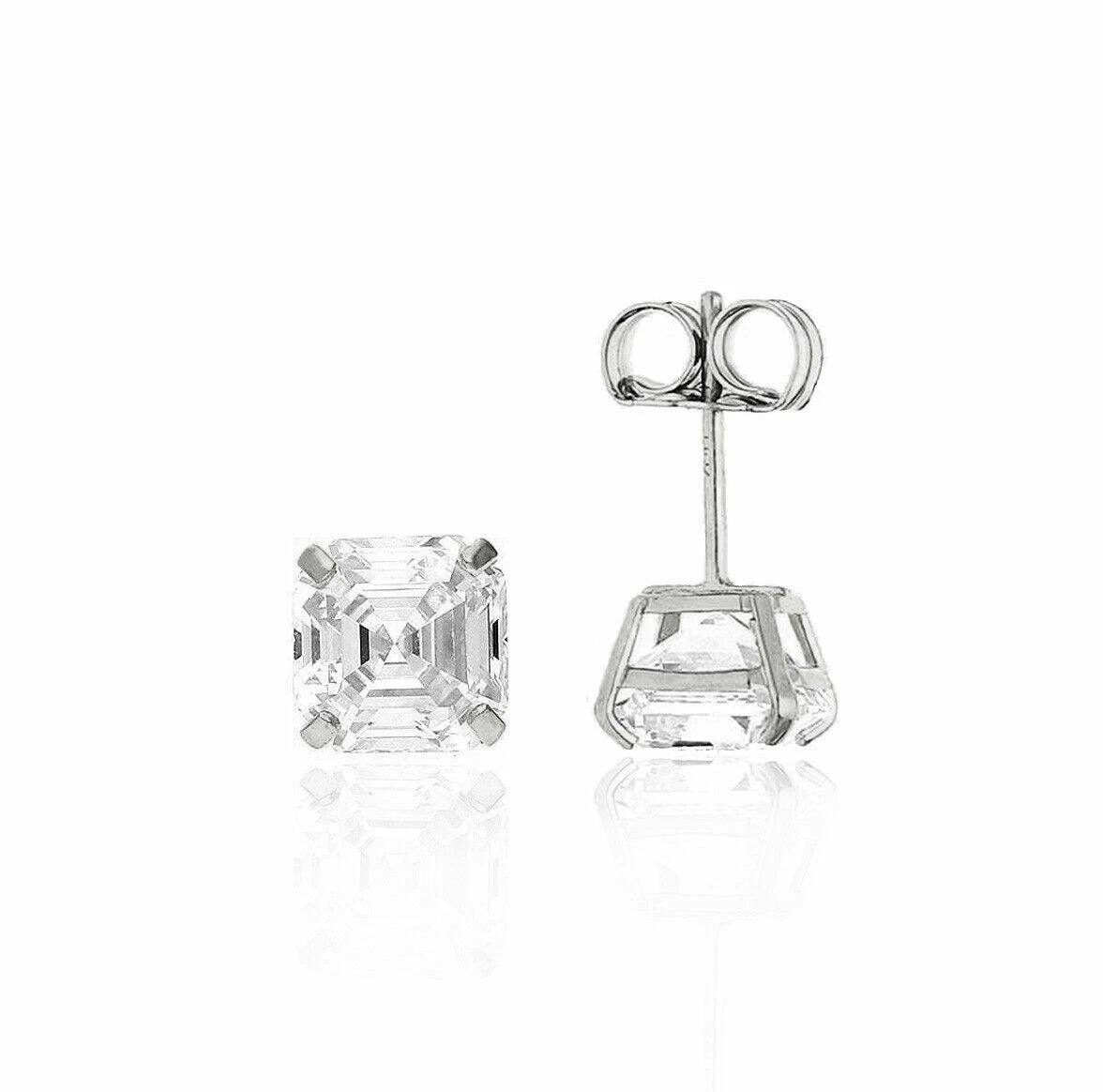 14K White Gold Asscher Cut Stud Earrings Push Back