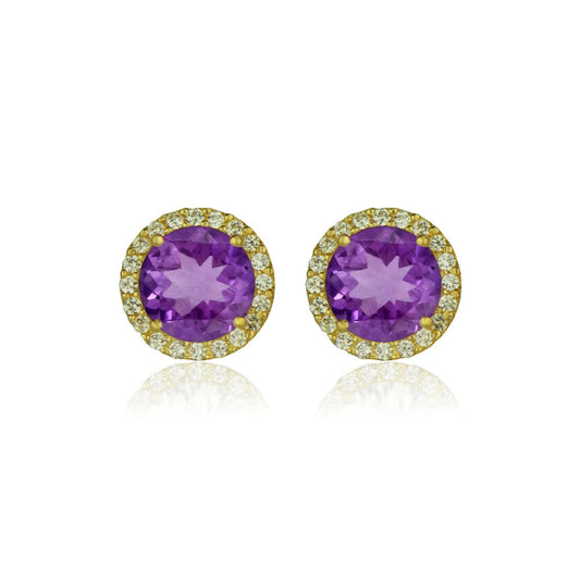 14K Yellow Gold 10mm Round Halo CZ Stud Push Back Earrings