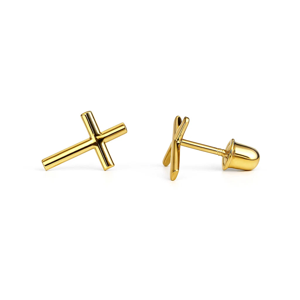 14K Yellow Gold Cross Stud Earrings for Women