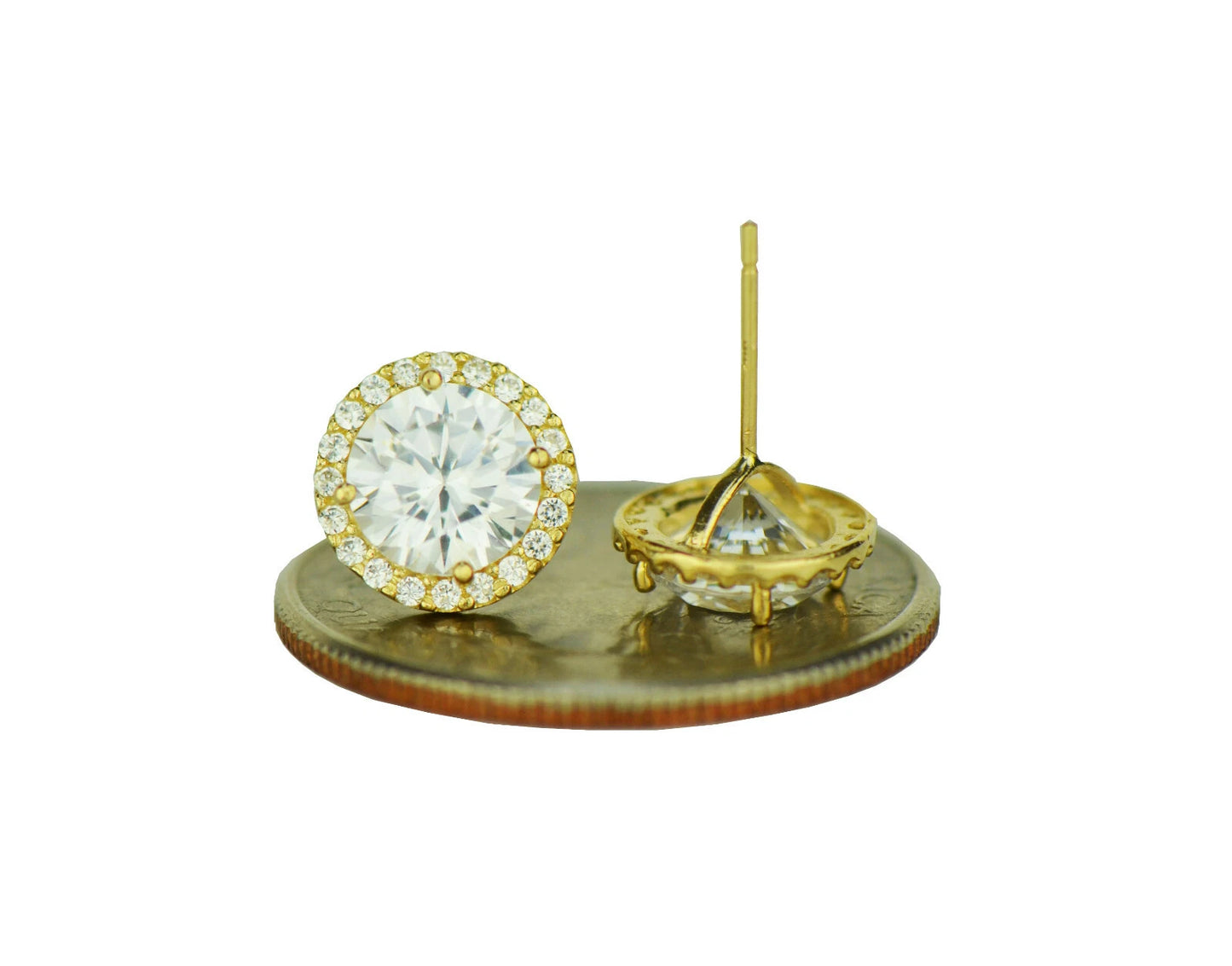 14K Yellow Gold Round Halo CZ Stud Push Back Earrings