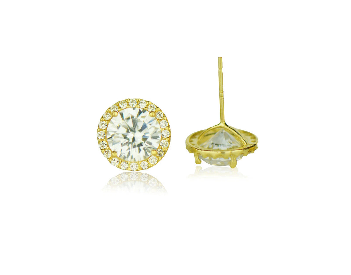 14K Yellow Gold Round Halo CZ Stud Push Back Earrings