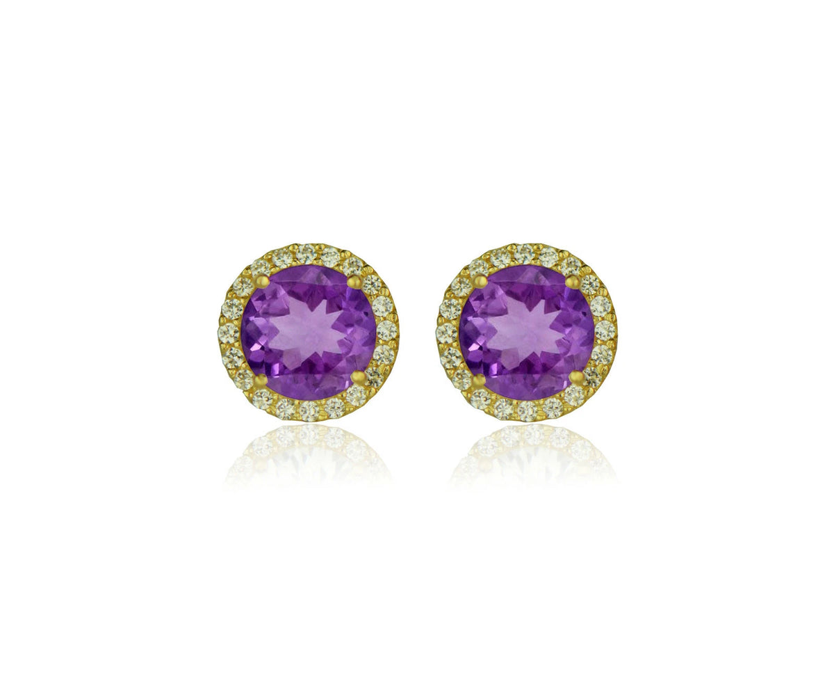 14K Yellow Gold Round Halo CZ Stud Push Back Earrings