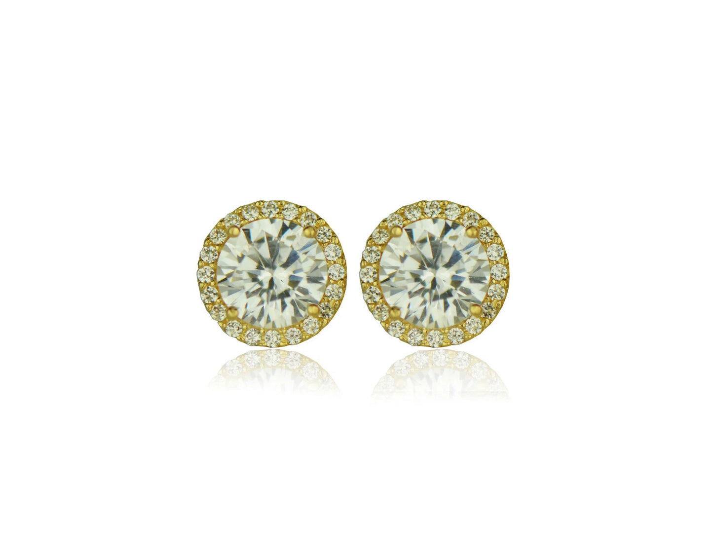 14K Yellow Gold Round Halo CZ Stud Push Back Earrings
