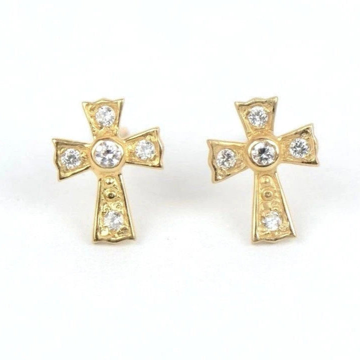 14K Yellow Gold Screw Back Cubic Zirconia Cross Earrings