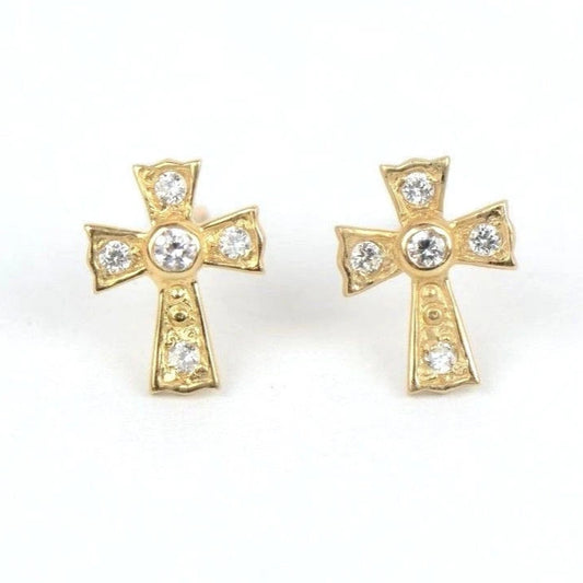 14K Yellow Gold Screw Back Cubic Zirconia Cross Earrings