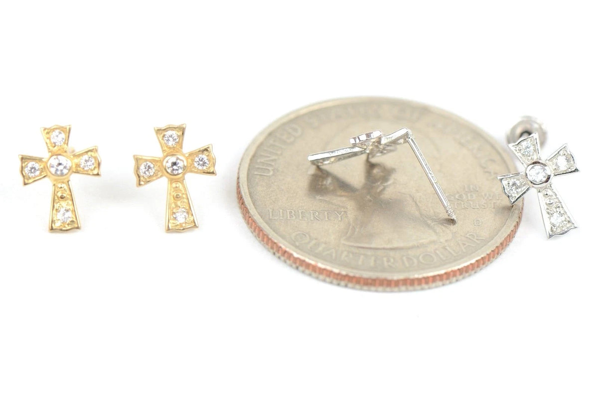 14K Yellow Gold Screw Back Cubic Zirconia Cross Earrings