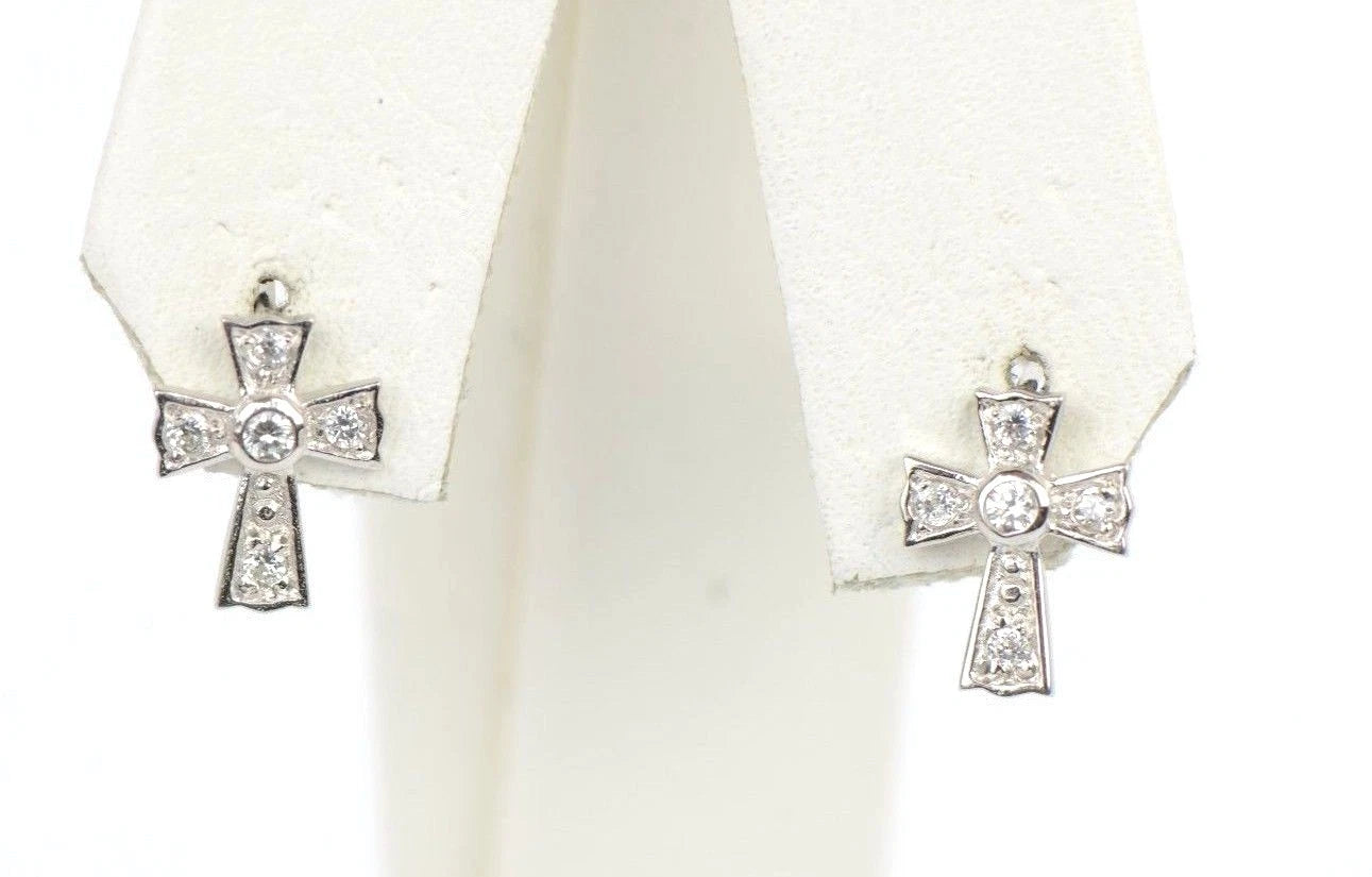 14K Yellow Gold Screw Back Cubic Zirconia Cross Earrings