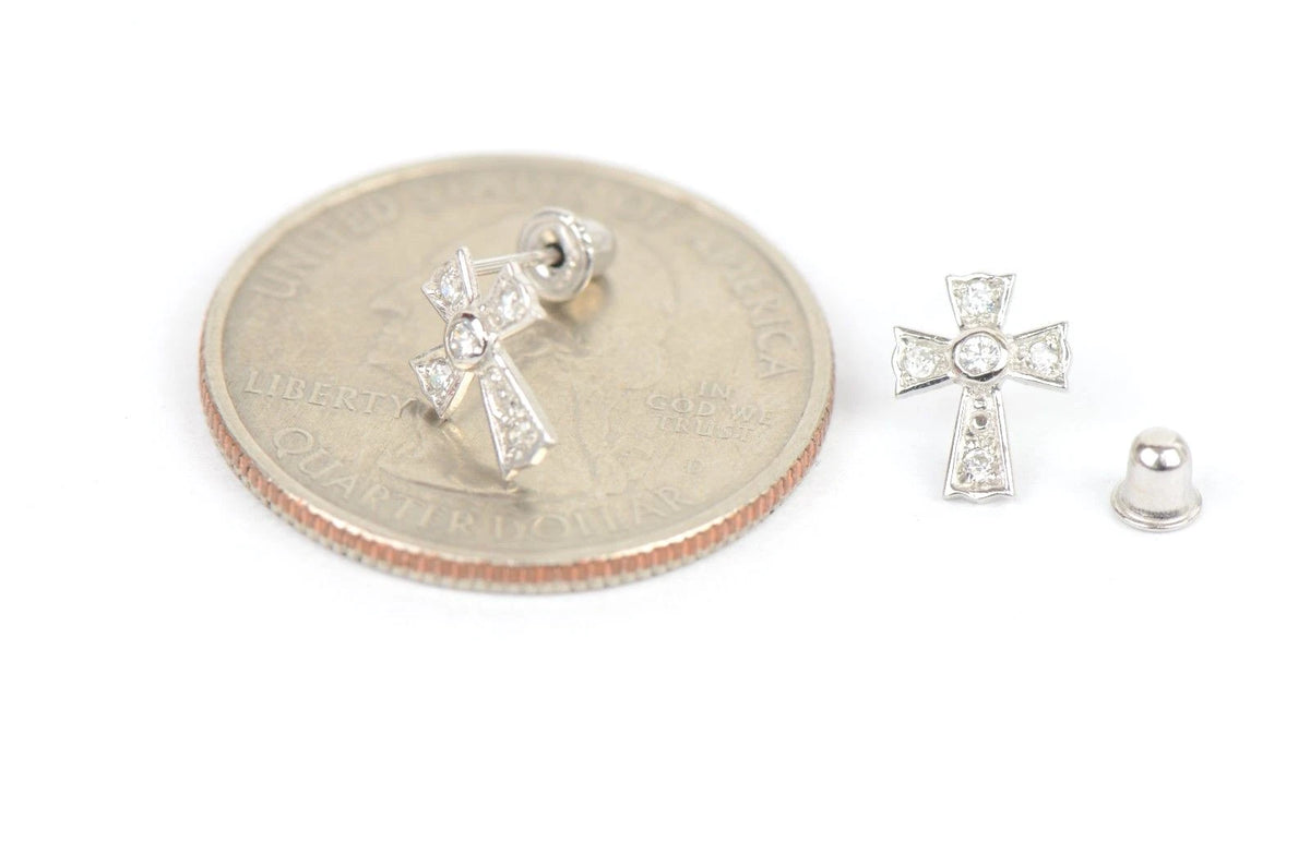 14K Yellow Gold Screw Back Cubic Zirconia Cross Earrings