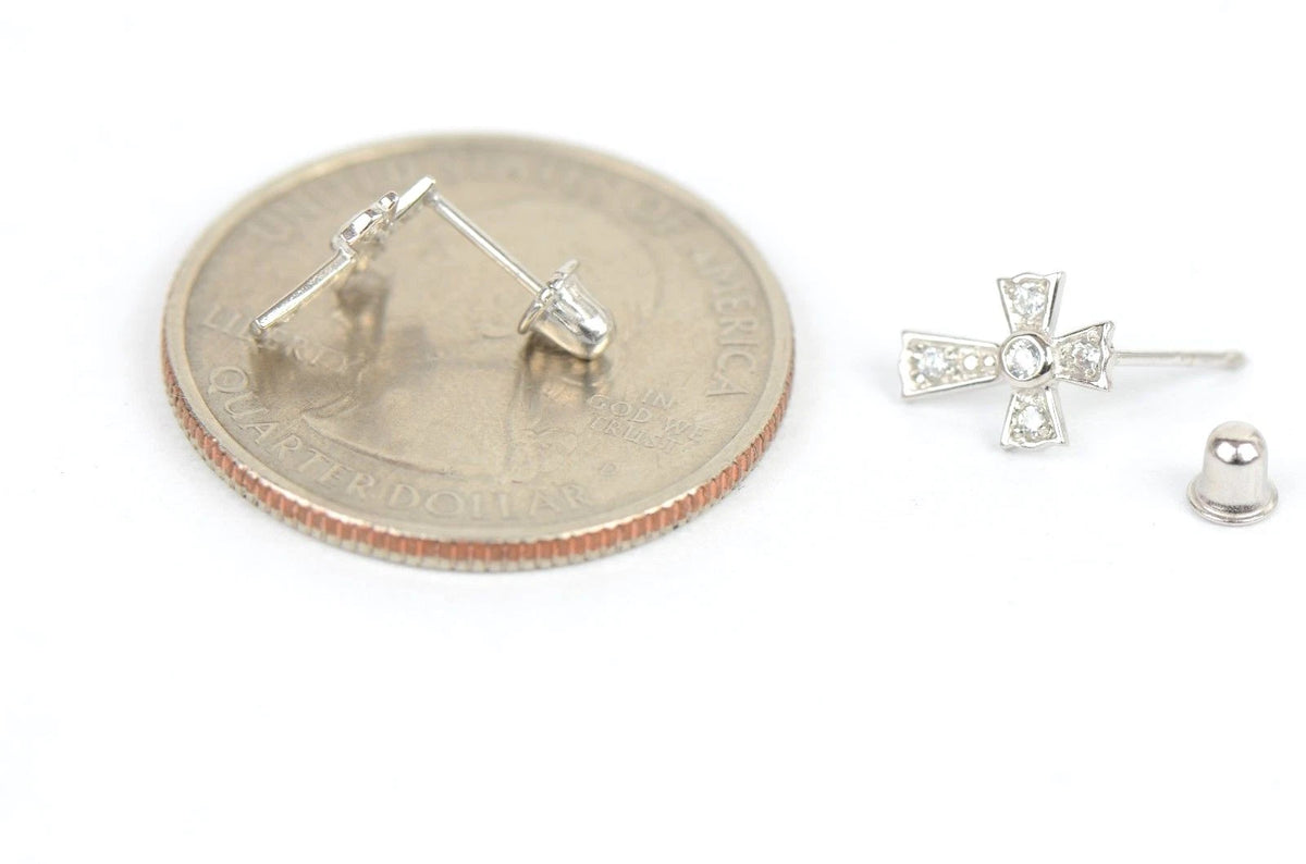 14K Yellow Gold Screw Back Cubic Zirconia Cross Earrings