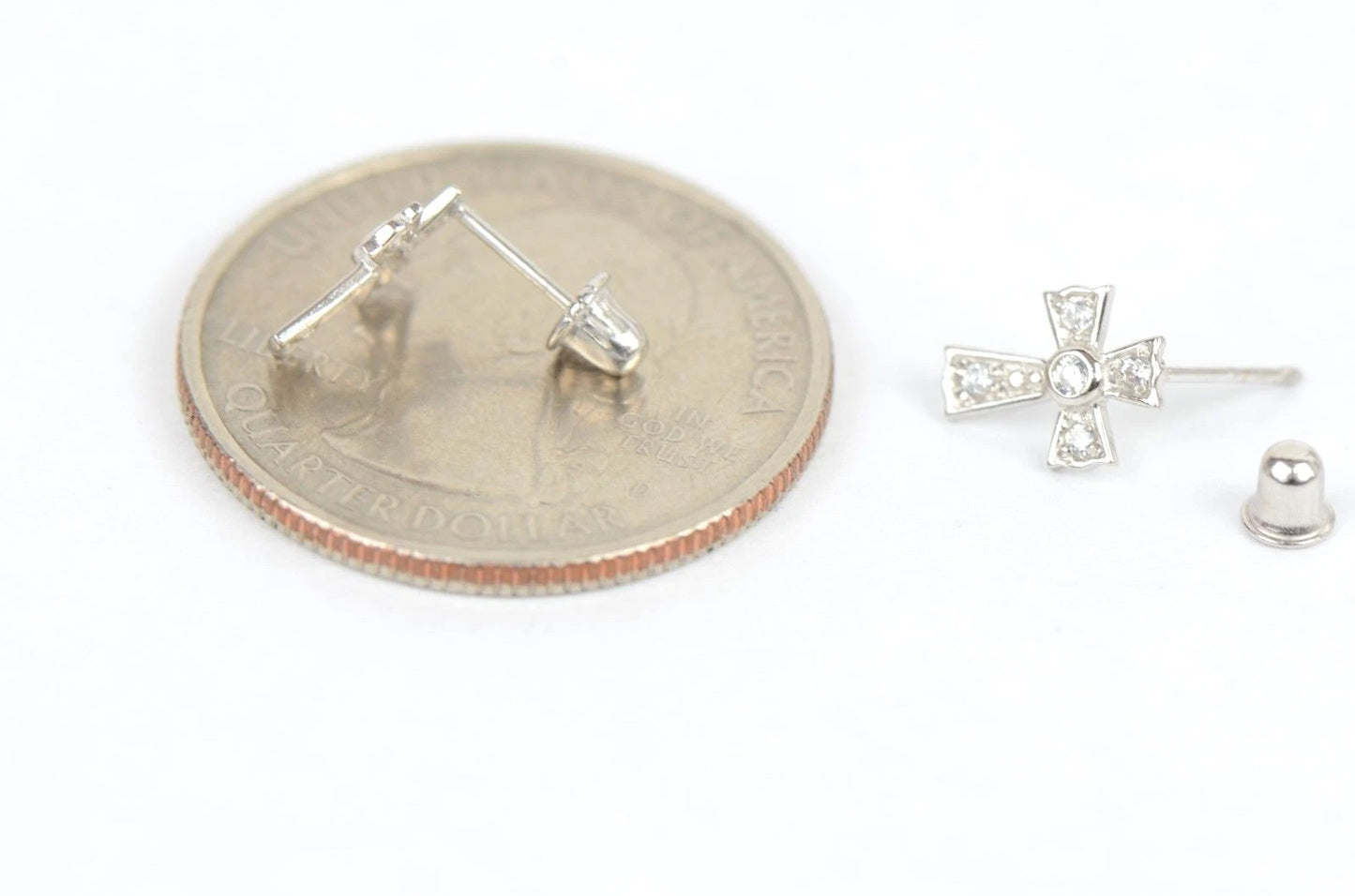 14K Yellow Gold Screw Back Cubic Zirconia Cross Earrings