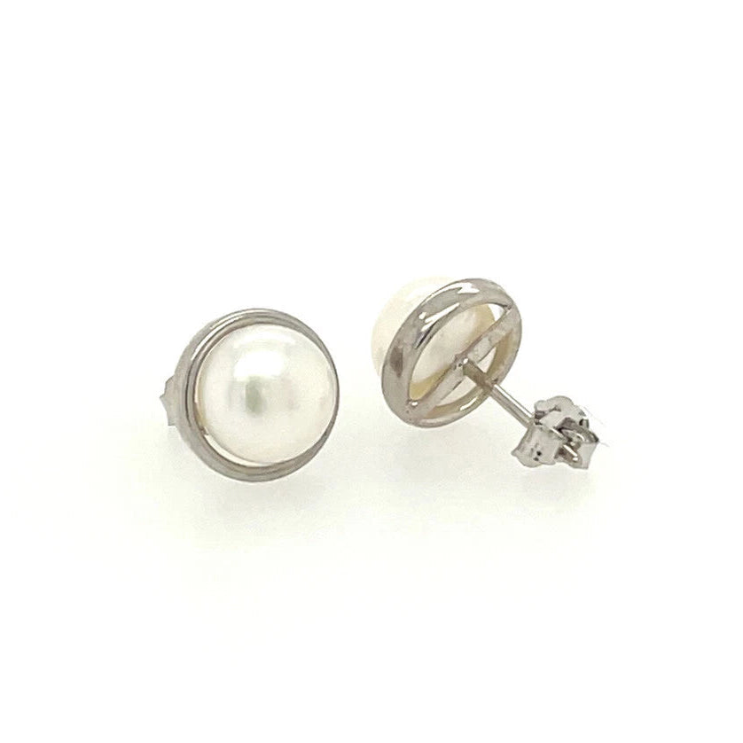 14K Yellow and White Pearl Stud Earrings