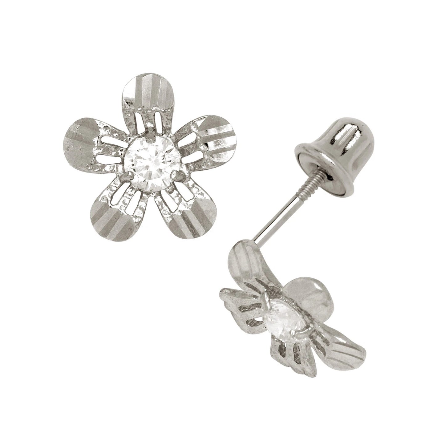 14K Yellow or White Gold Cubic Zirconia Flower Earrings with Screw Back