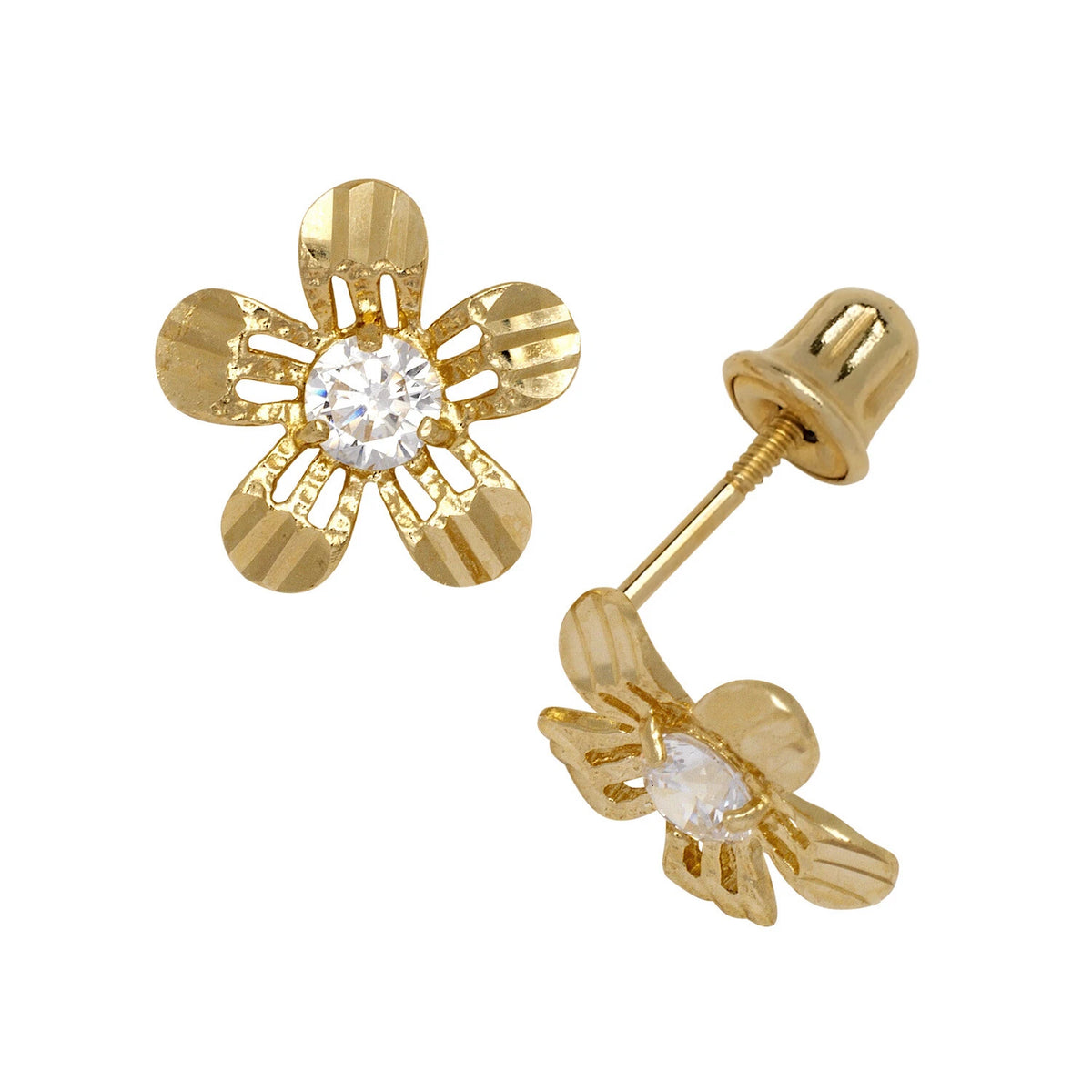 14K Yellow or White Gold Cubic Zirconia Flower Earrings with Screw Back