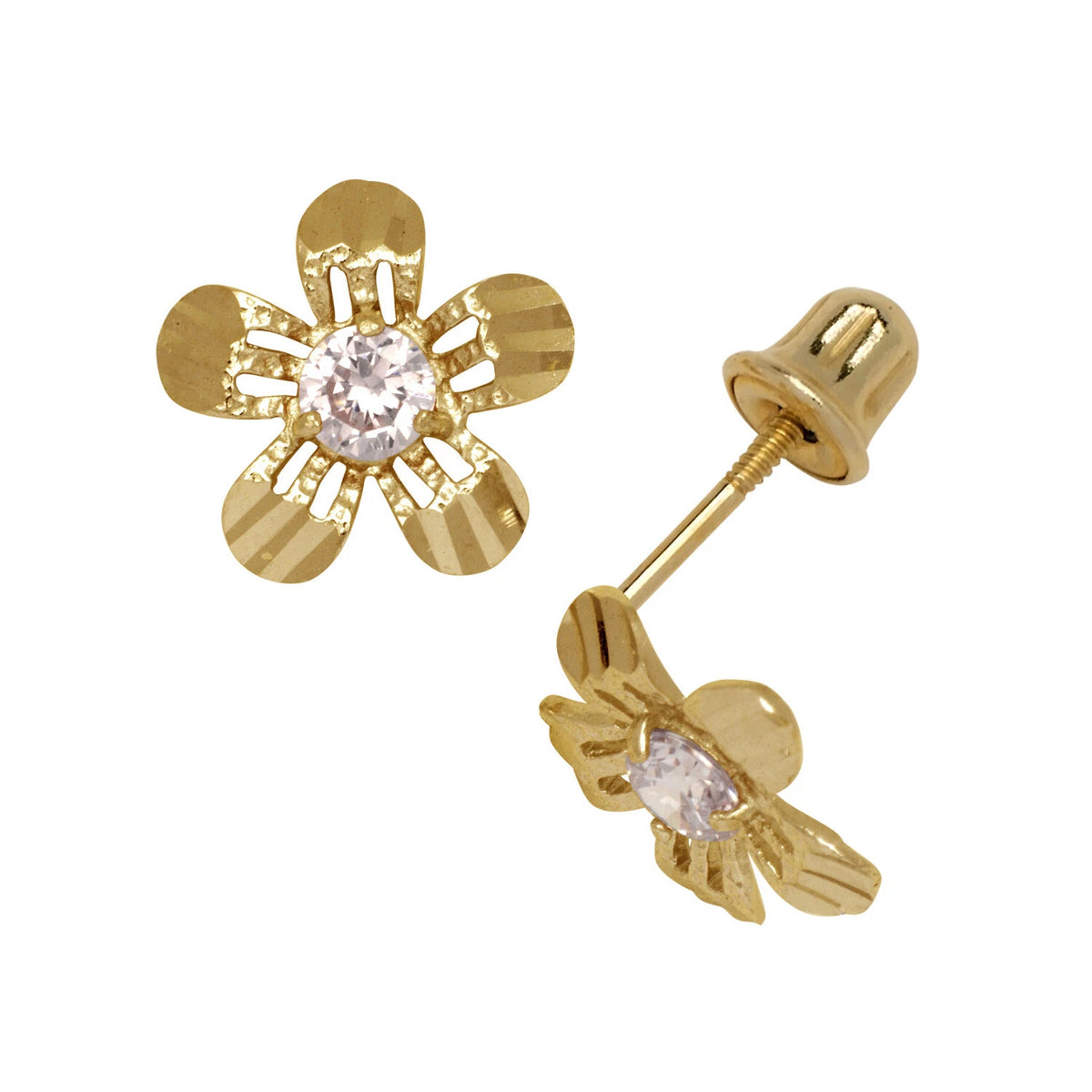 14K Yellow or White Gold Cubic Zirconia Flower Earrings with Screw Back