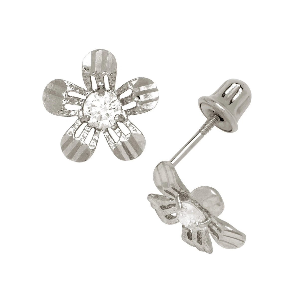 14K Yellow or White Gold Cubic Zirconia Flower Earrings with Screw Back