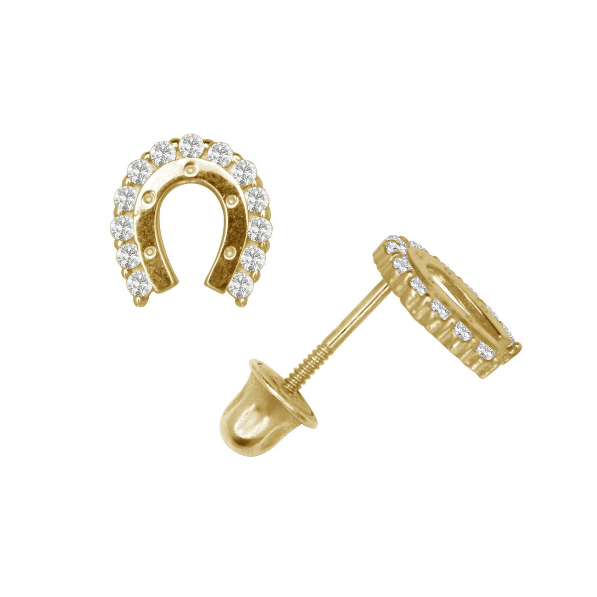 14K Yellow or White Gold Cubic Zirconia Horse Shoes Earrings with Screw Back