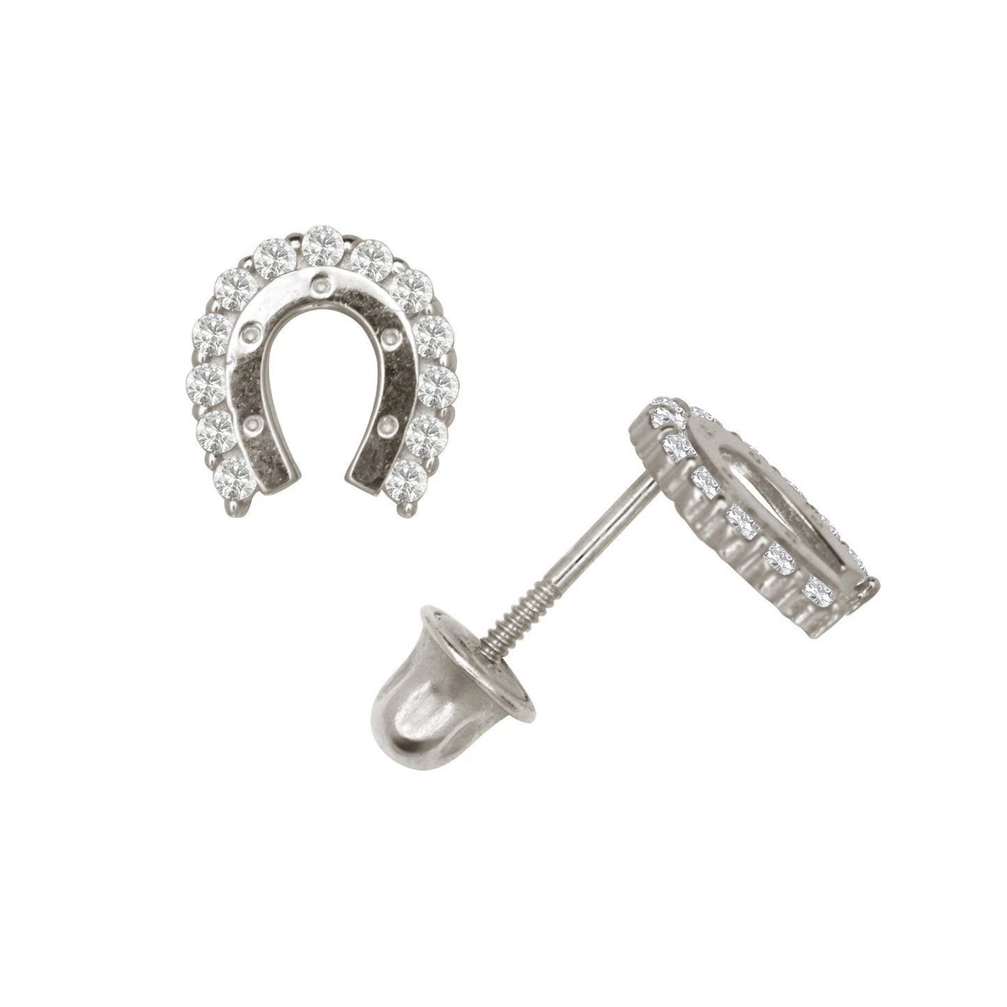 14K Yellow or White Gold Cubic Zirconia Horse Shoes Earrings with Screw Back