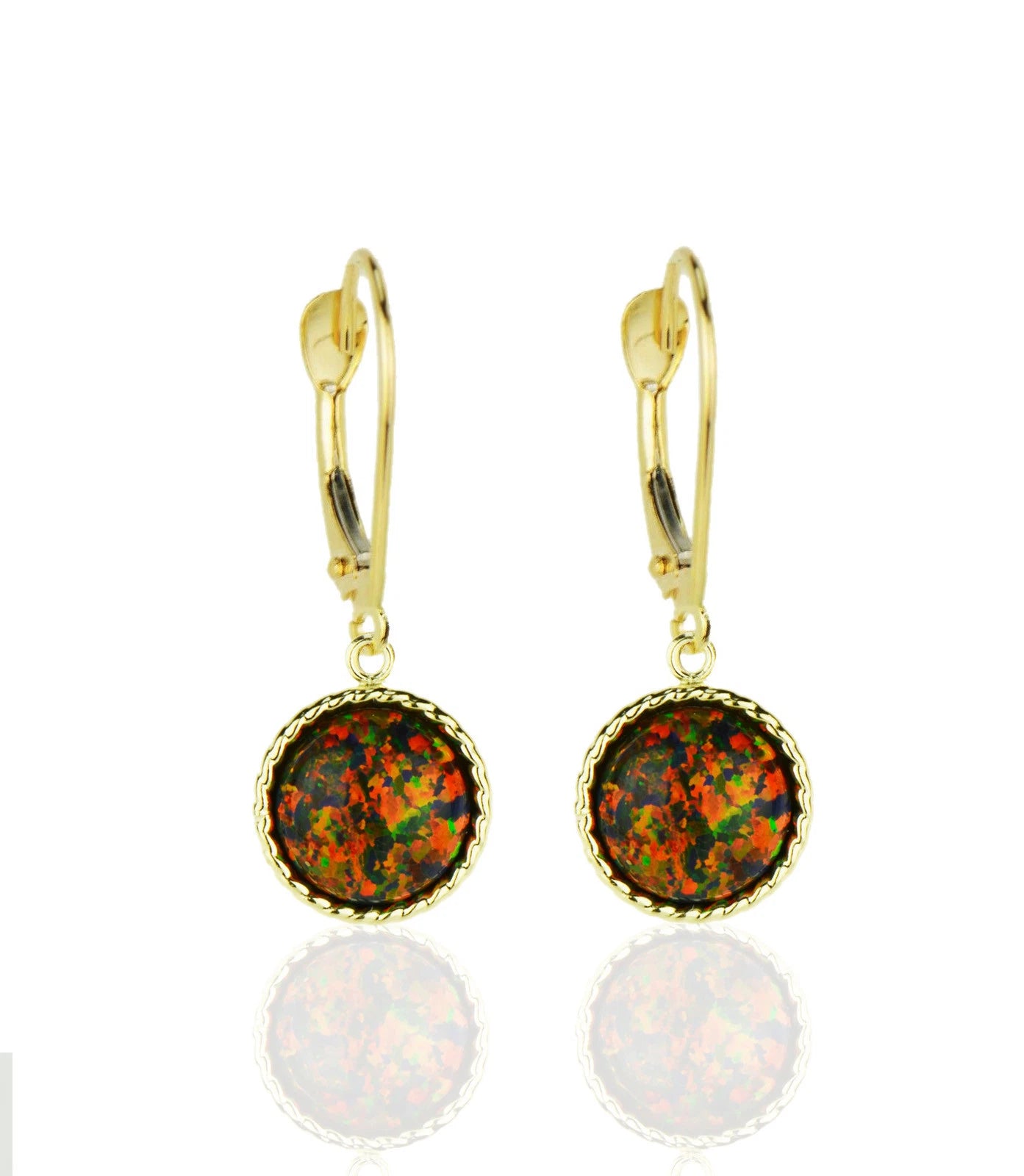 14k-Yellow-Gold-Opal Flat Dangle Leverback Earrings