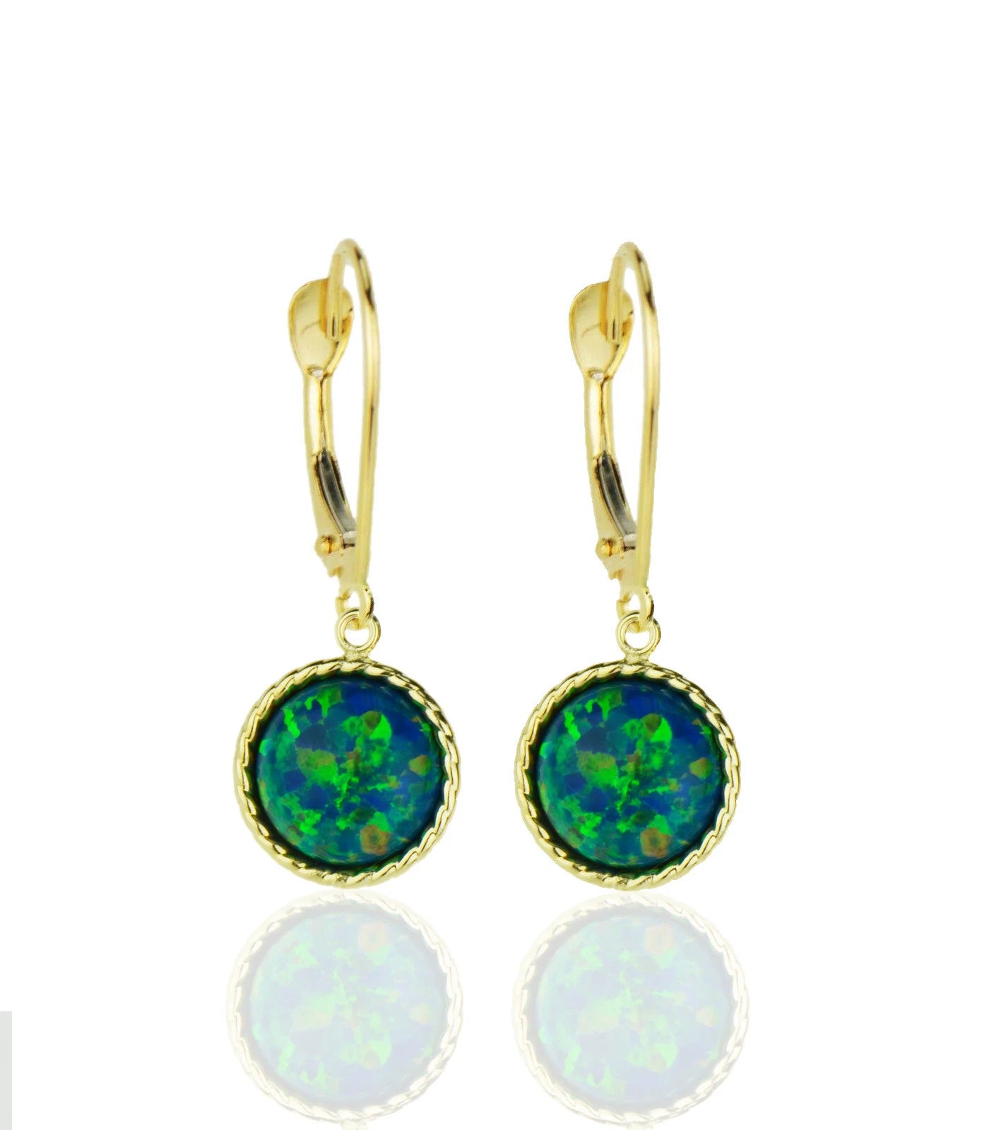 14k-Yellow-Gold-Opal Flat Dangle Leverback Earrings
