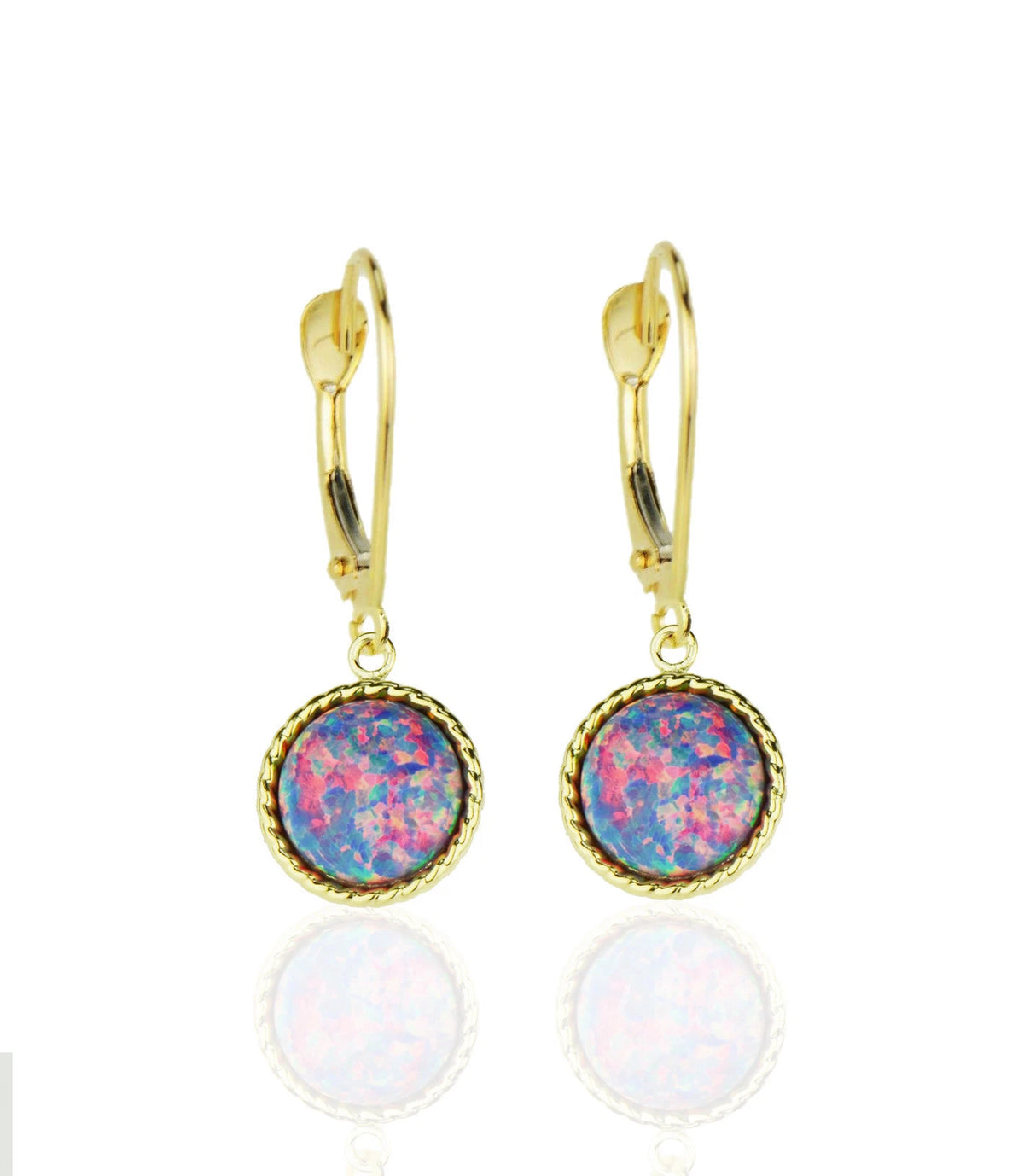 14k-Yellow-Gold-Opal Flat Dangle Leverback Earrings