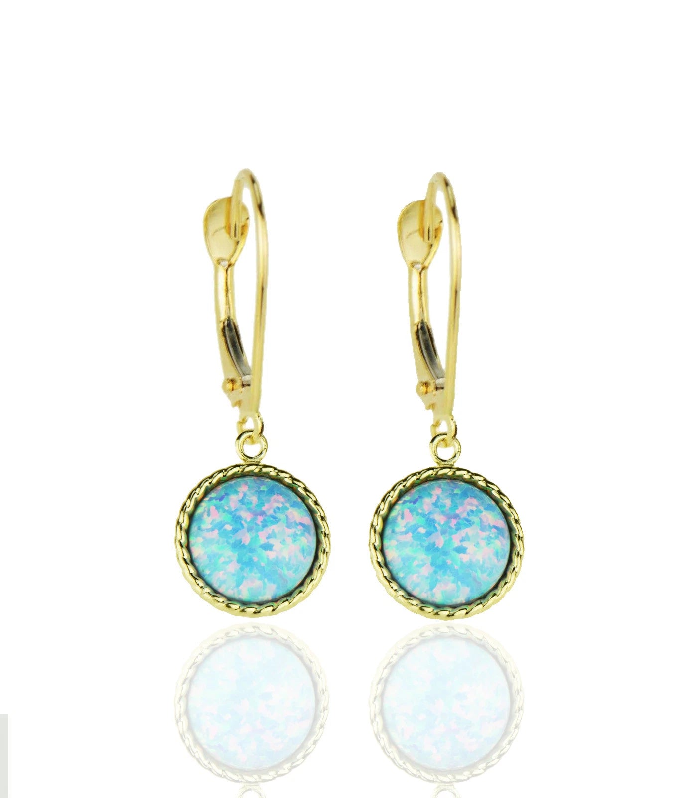 14k-Yellow-Gold-Opal Flat Dangle Leverback Earrings