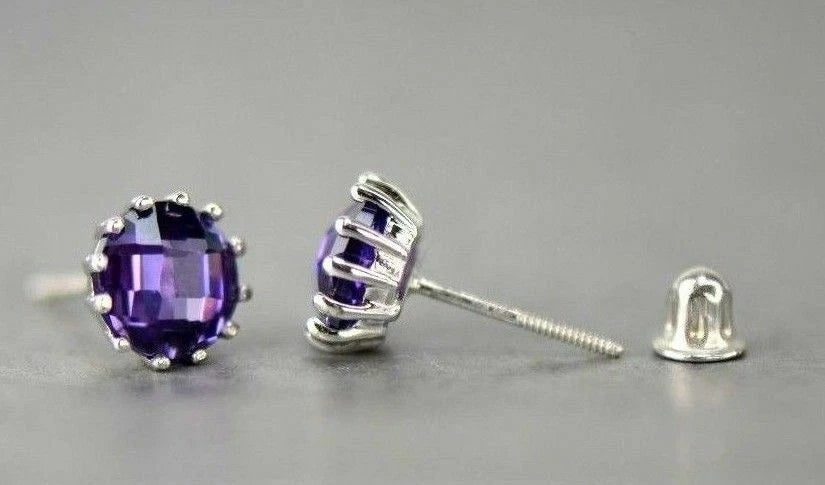 14k Solid White Gold 6mm Round Birthstone Stud Earrings with Screw Back