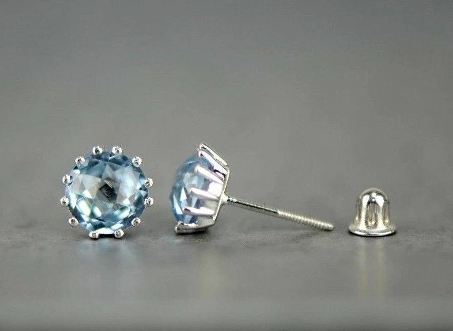 14k Solid White Gold 6mm Round Birthstone Stud Earrings with Screw Back