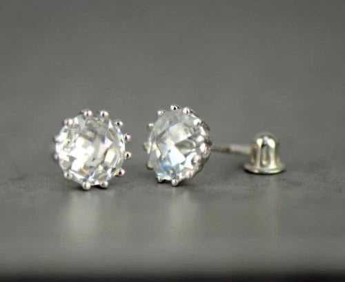 14k Solid White Gold 6mm Round Birthstone Stud Earrings with Screw Back