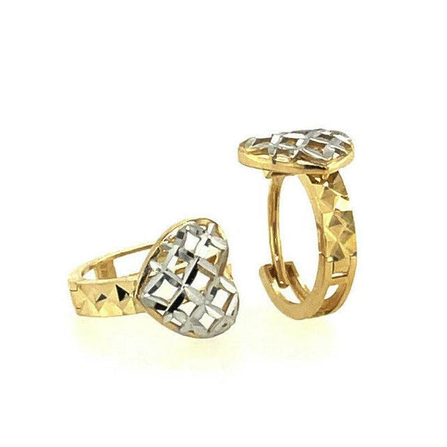 14k Two Tone Diamond Cut Gold Heart Shape Huggie Earrings
