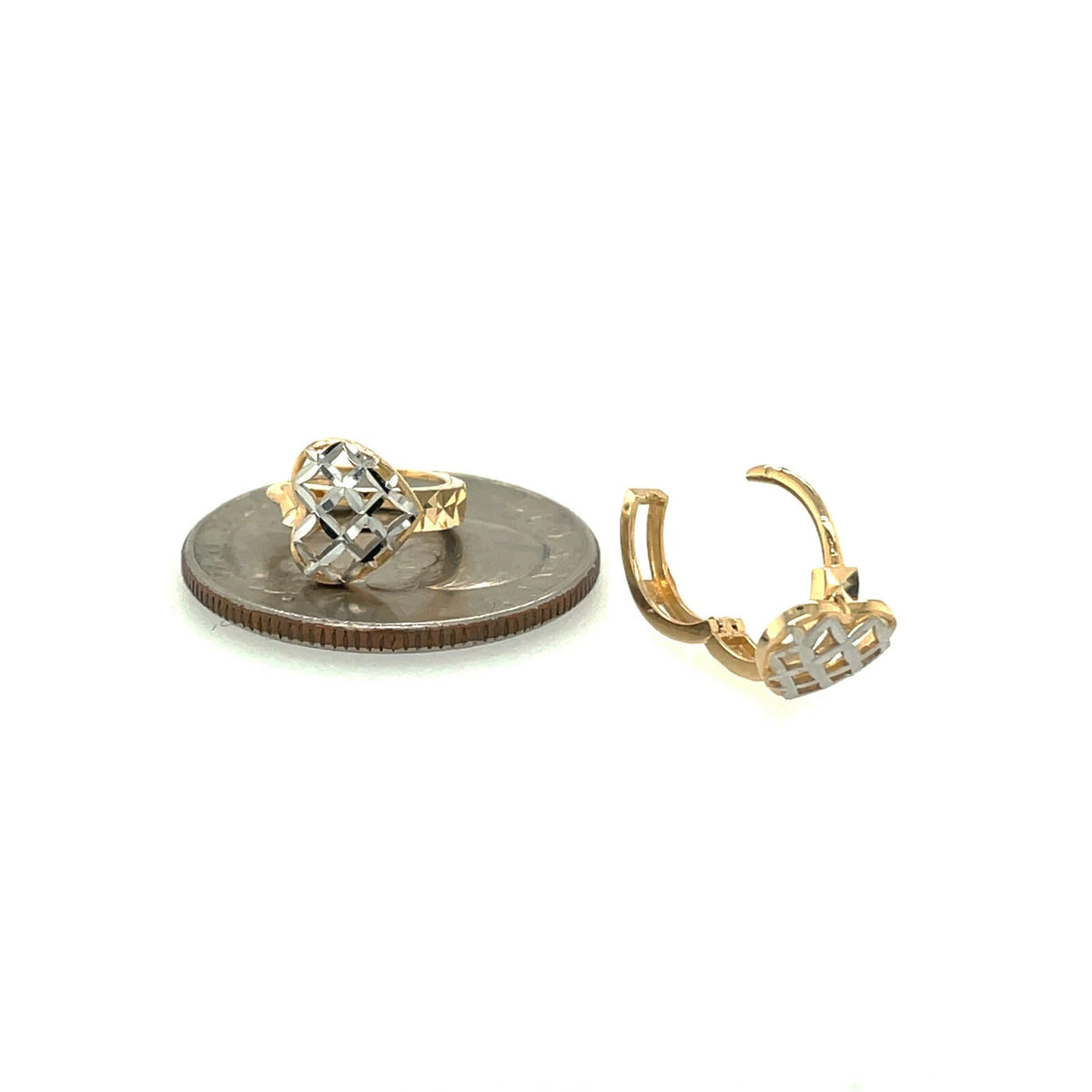 14k Two Tone Diamond Cut Gold Heart Shape Huggie Earrings