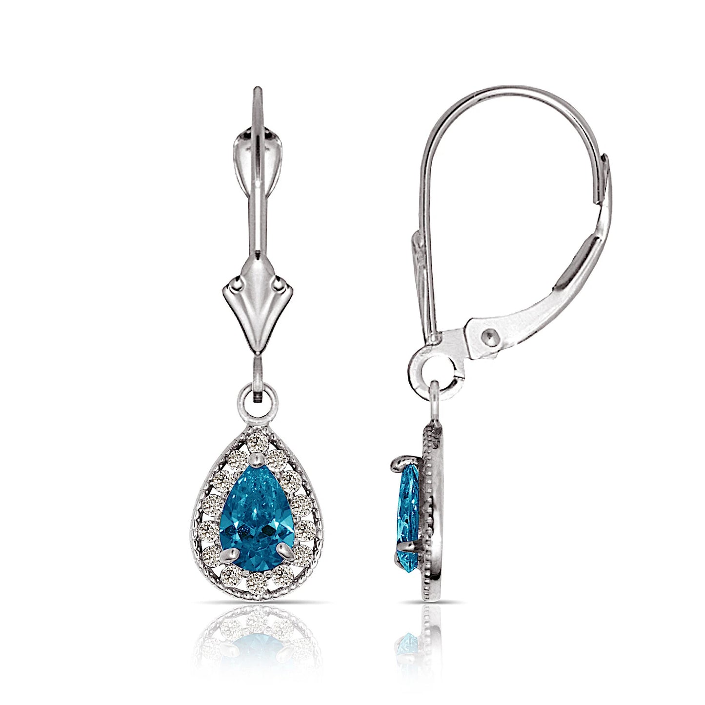 14k White Gold Halo CZ Tear Drop Dangle Leverback Earrings